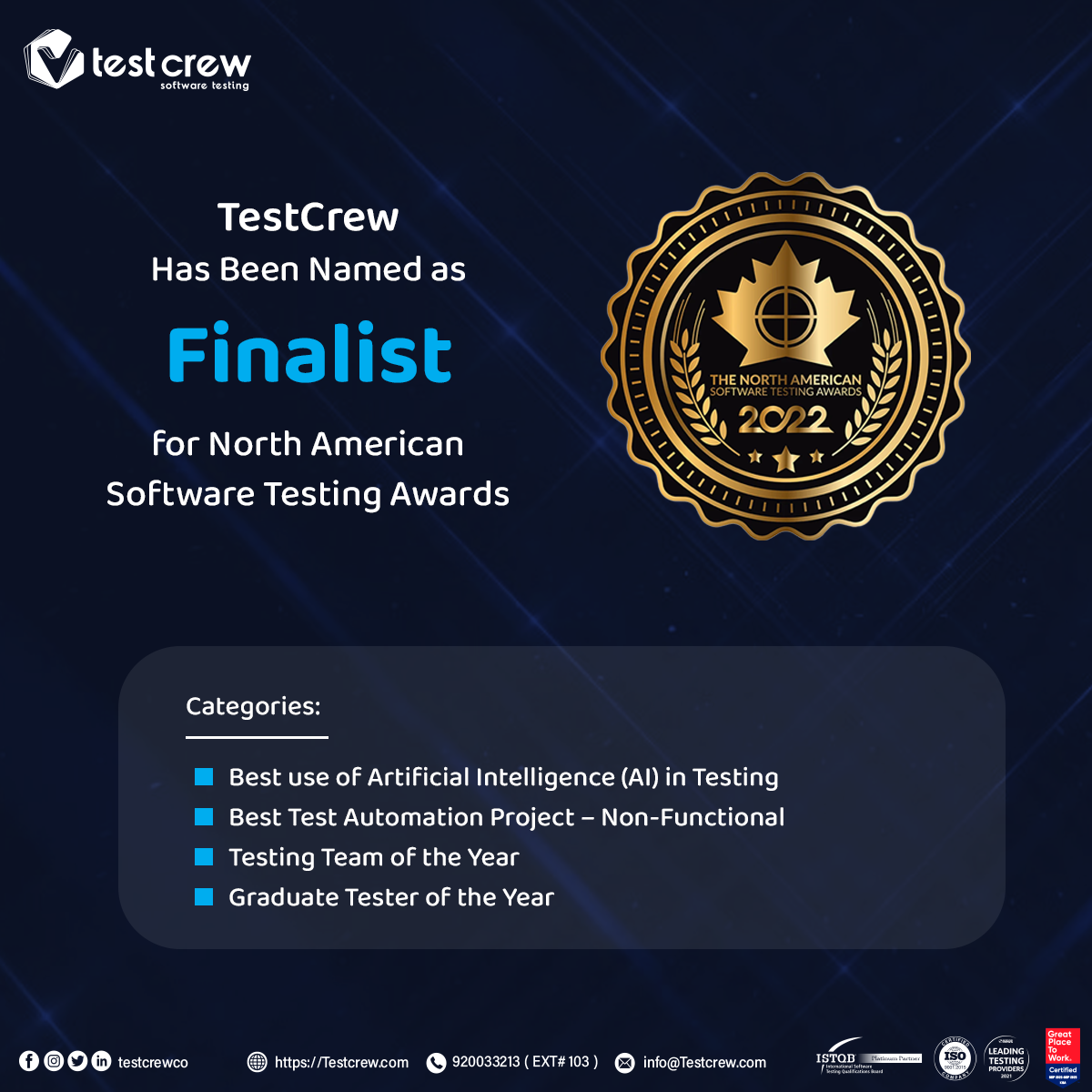 TestCrew as Finalist in the North American Software Testing Awards