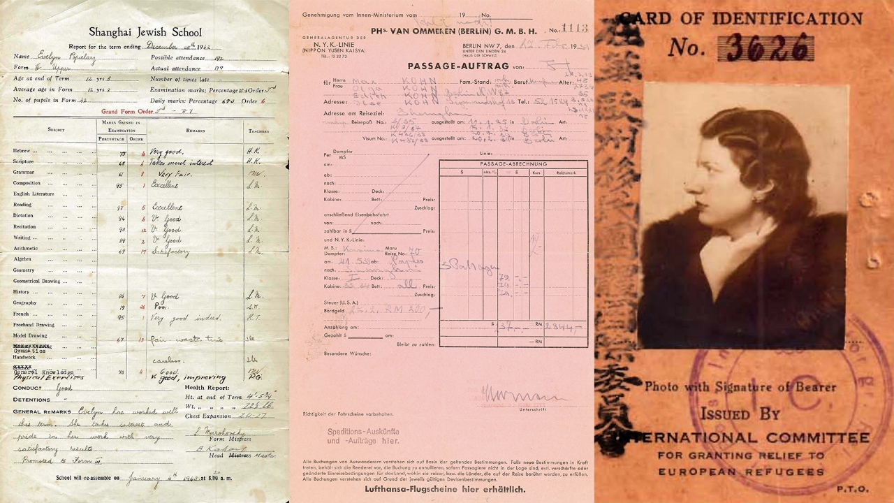 From left to right: School report of the SJYA (Shanghai Jewish Youth Association)School. First-class passage ticket of the Kohn family from Naples to Shanghai. Card of Identification of Antmann Erna issued by International Committee for Granting Relief to European Refugees.