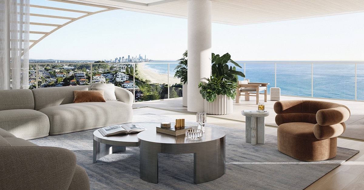 Artist impression of a luxury apartment living room at Burly on the Gold Coast