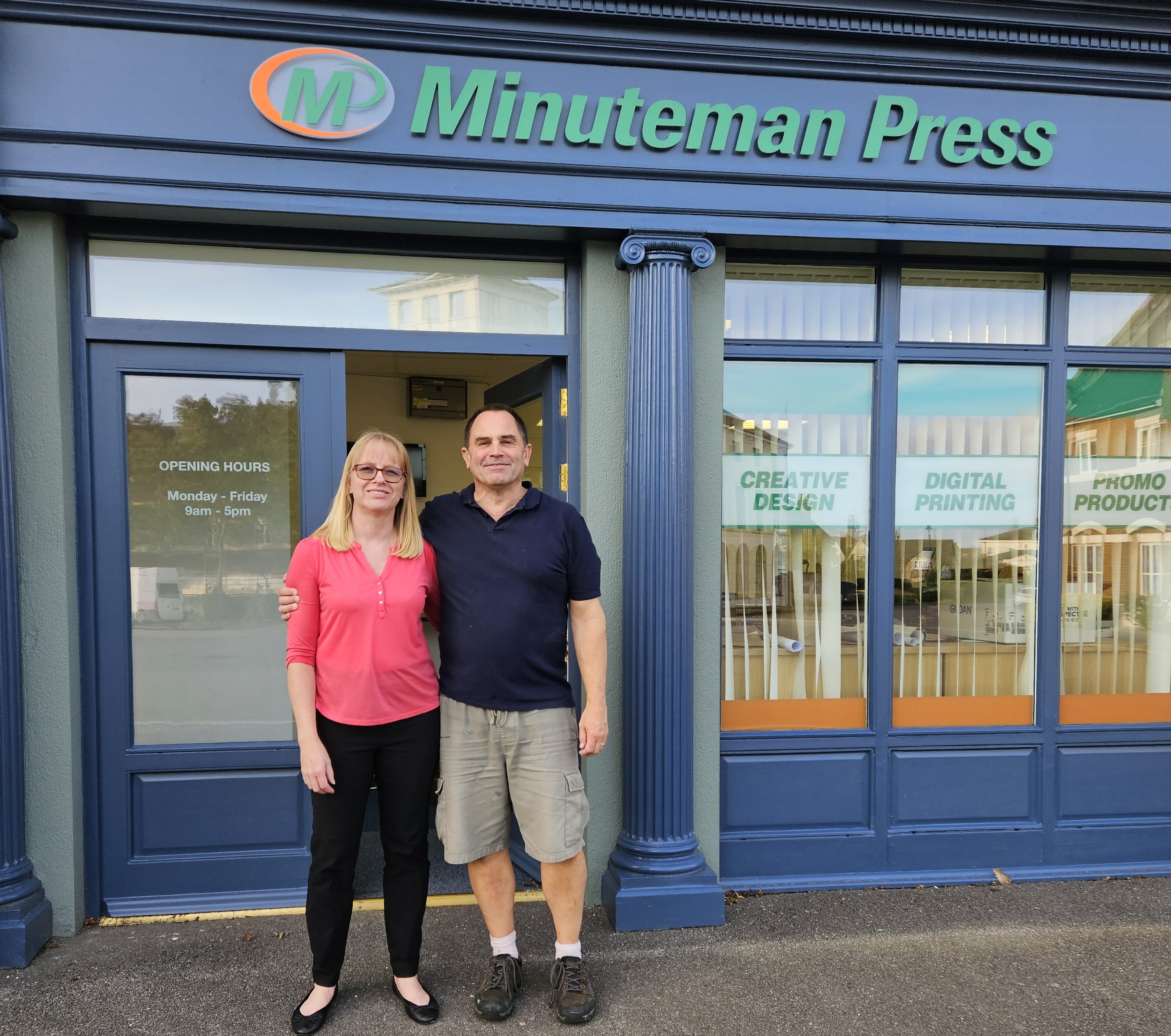 Owners Juanita and David Prince outside their new location for Minuteman Press in Poundbury and Dorchester.