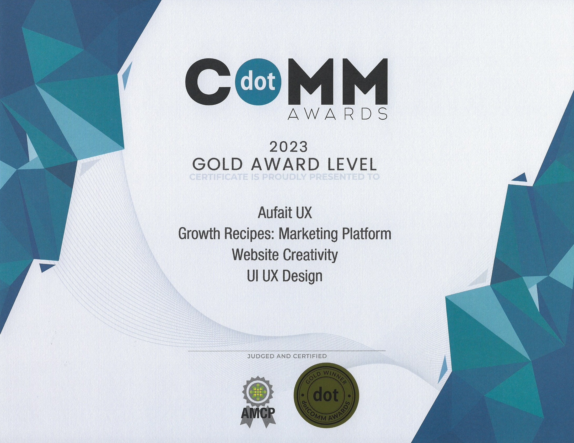 dotComm Awards winner certificate