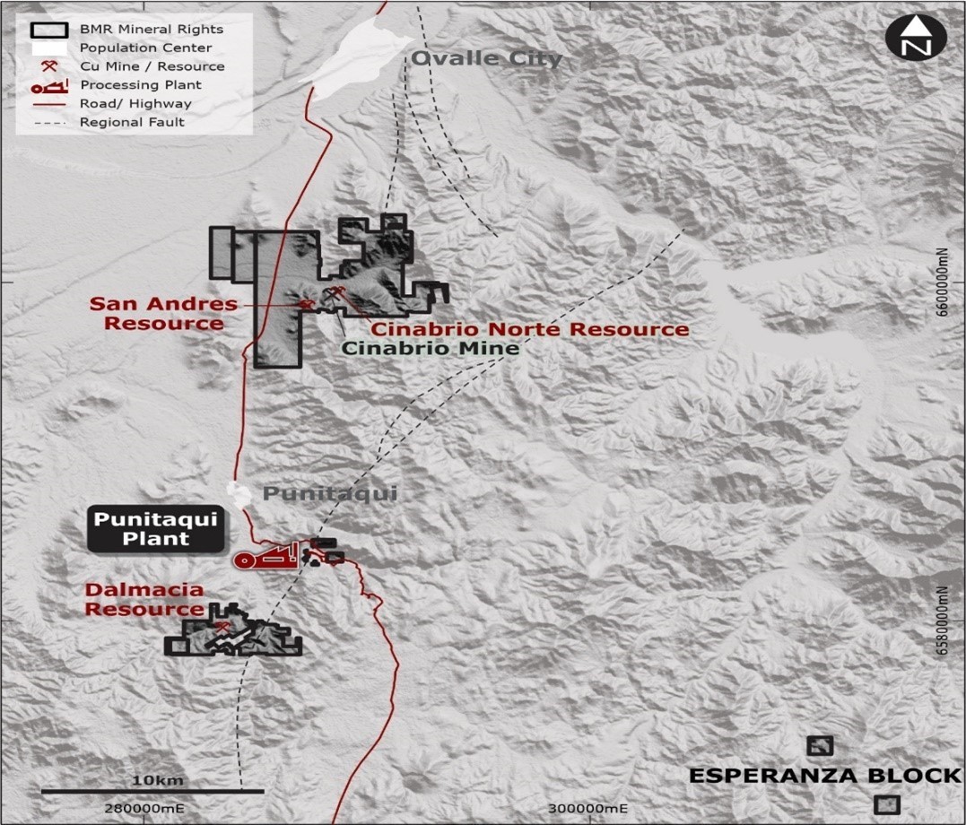 Figure 2: Map Showing Location of Plant, Cinabrio Mine, Cinabrio Norte, San Andres, and Dalmacia Deposits (the Punitaqui Mining Complex)