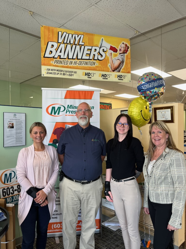 Minuteman Press franchise owner Bob Bean (2nd from left) with Chamber members and staff at Bob&#39;s center in Londonderry, NH.