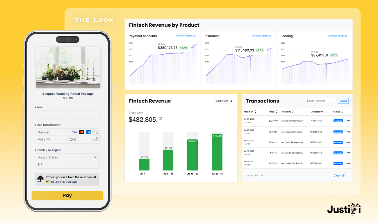 Both the payment form (left) and the Fintech Dashboard (right) stand as examples of white-label web components prepared for seamless integration into SaaS platforms and their customers checkout flows.