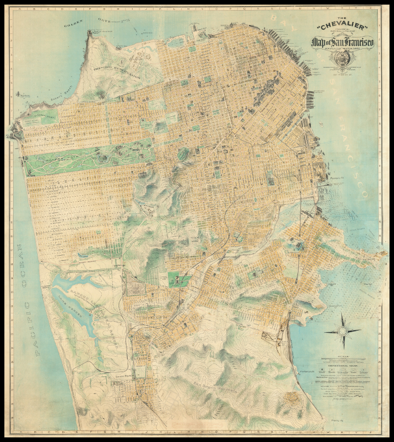 Augustus Chevalier&#39;s grand map of San Francisco measures 4 feet wide by 5 feet tall and is the premier map of the city following the Great Earthquake of 1906. Photo courtesy: Neatline Antique Maps