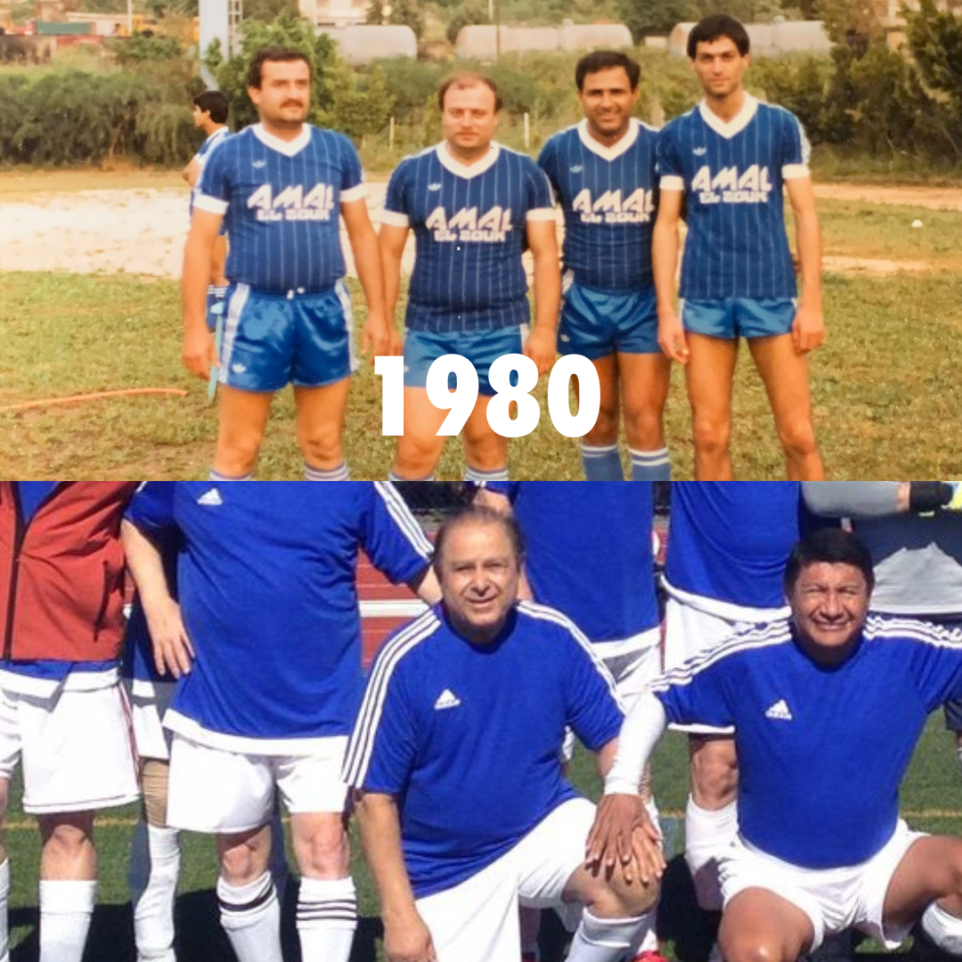 Dr Robert Shafie playing soccer with his friends in 1980 and then a few years ago in 2021