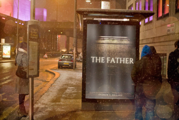 On a dark street an poster for The Father offers illumination