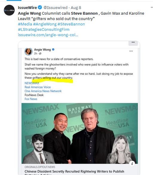 Angie Wong publishes that Steve Bannon is a grifter