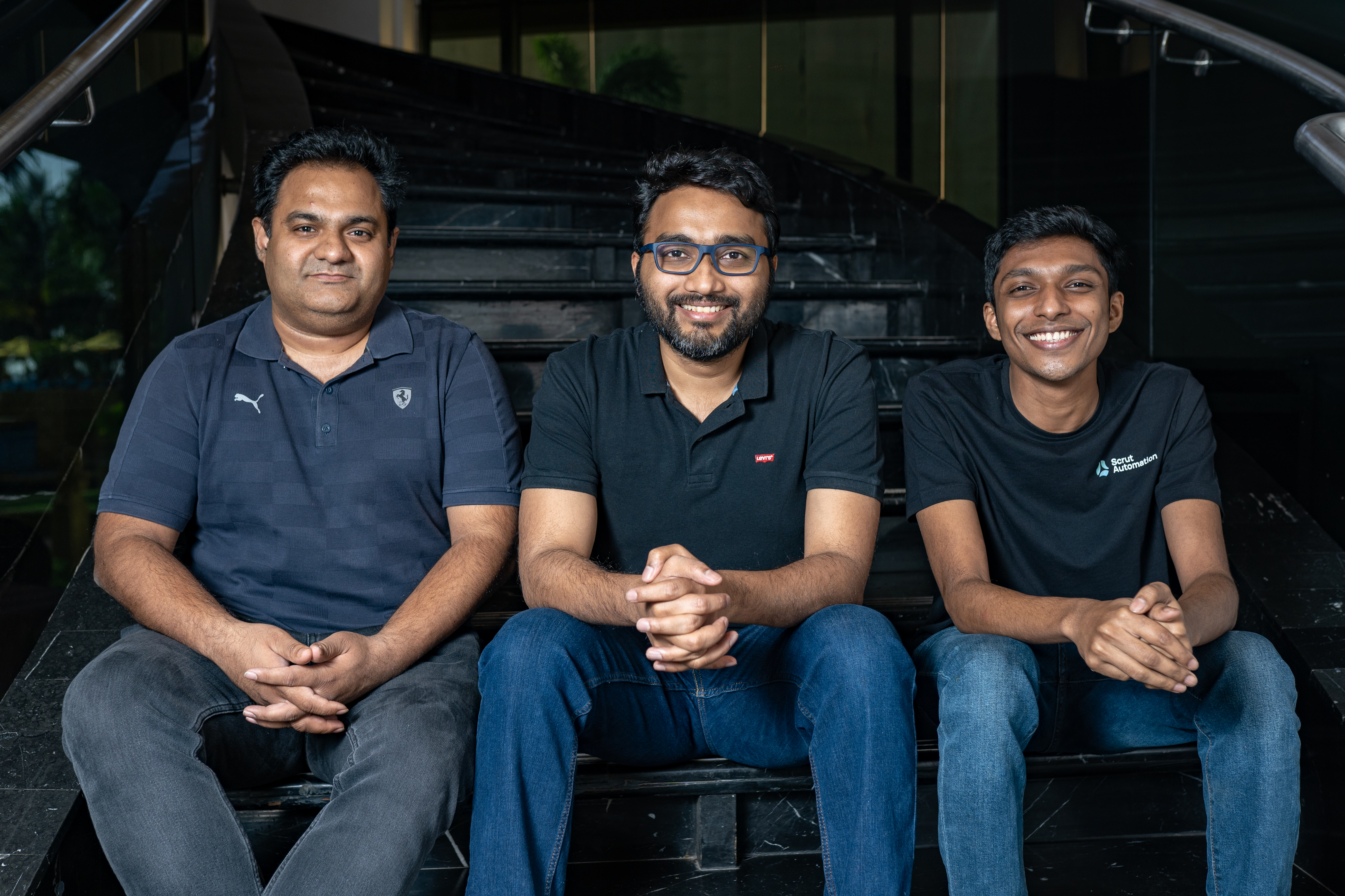 Scrut Automation founders: (L to R) Kush Kaushik, Aayush Ghosh Choudhury, and Jayesh Gadewar.
